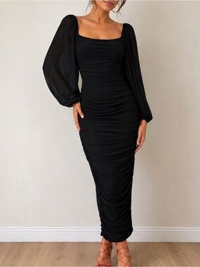 Merokeety Black Ruched Bodycon Midi Dress Sheer Long Sleeve Scoop Neck Large